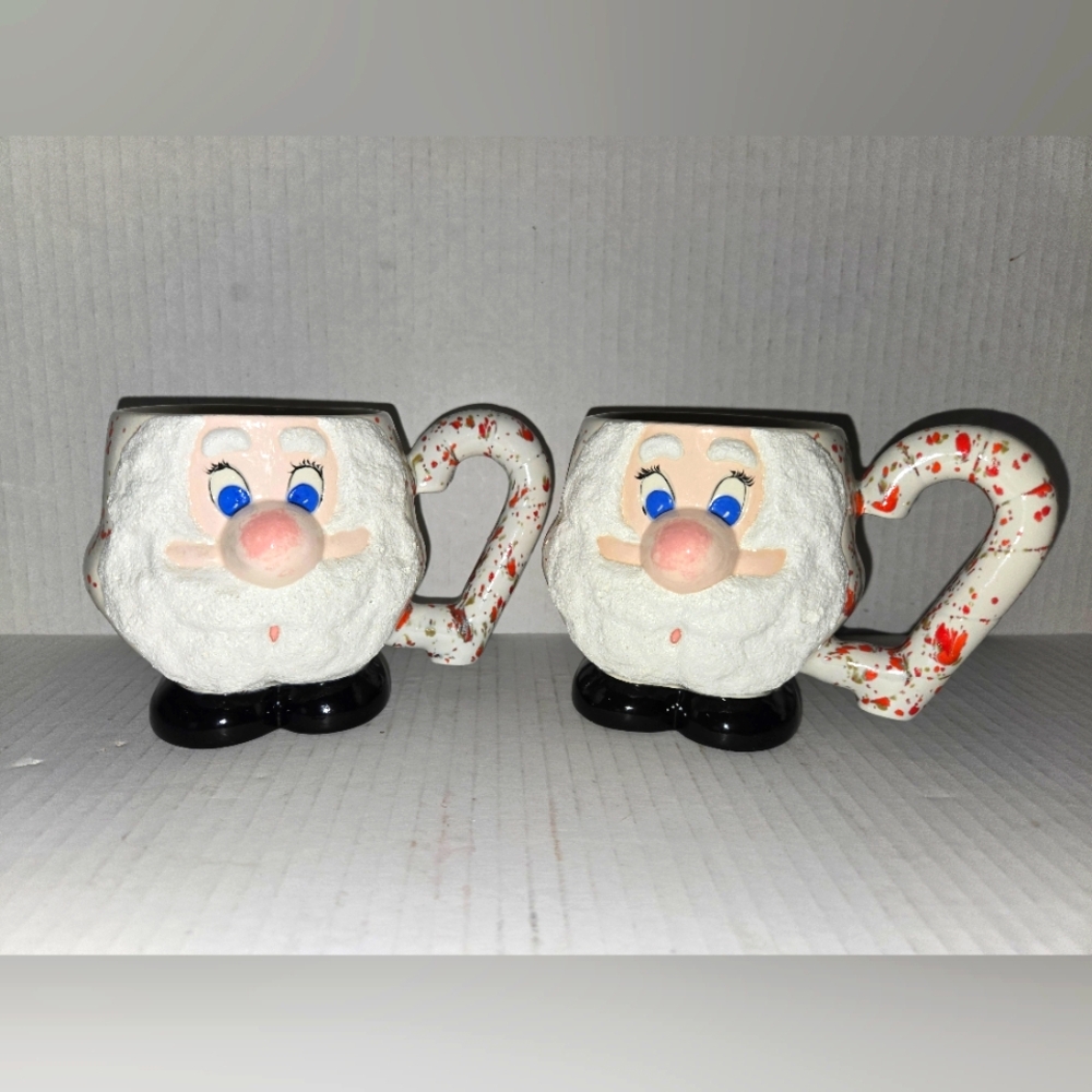 2 Big Nosed Sugared Splatter Glazed Santa Mugs Vintage 4in Tall